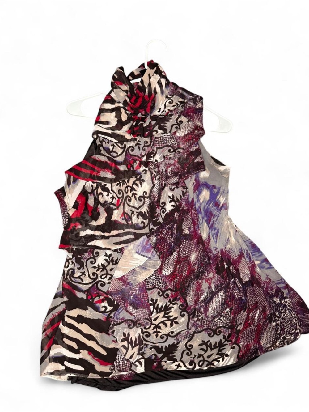 Bisou Bisou Multi-Pattern Ruffle Neck Camisole in Black, White, Purple & Red